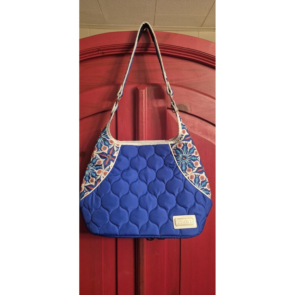 Cinda B Quilted Mini Hobo Bag Blue Floral Mosaic Lightweight Fabric Shoulder EUC
